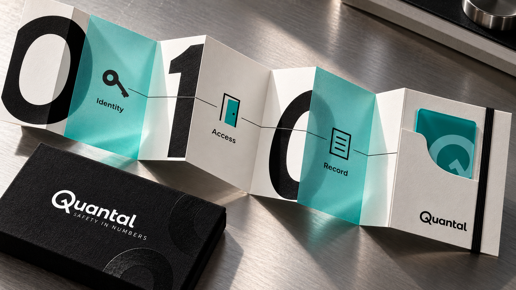 Quantal partner field guide concept with accordion folds, translucent turquoise sheets and an access card pocket