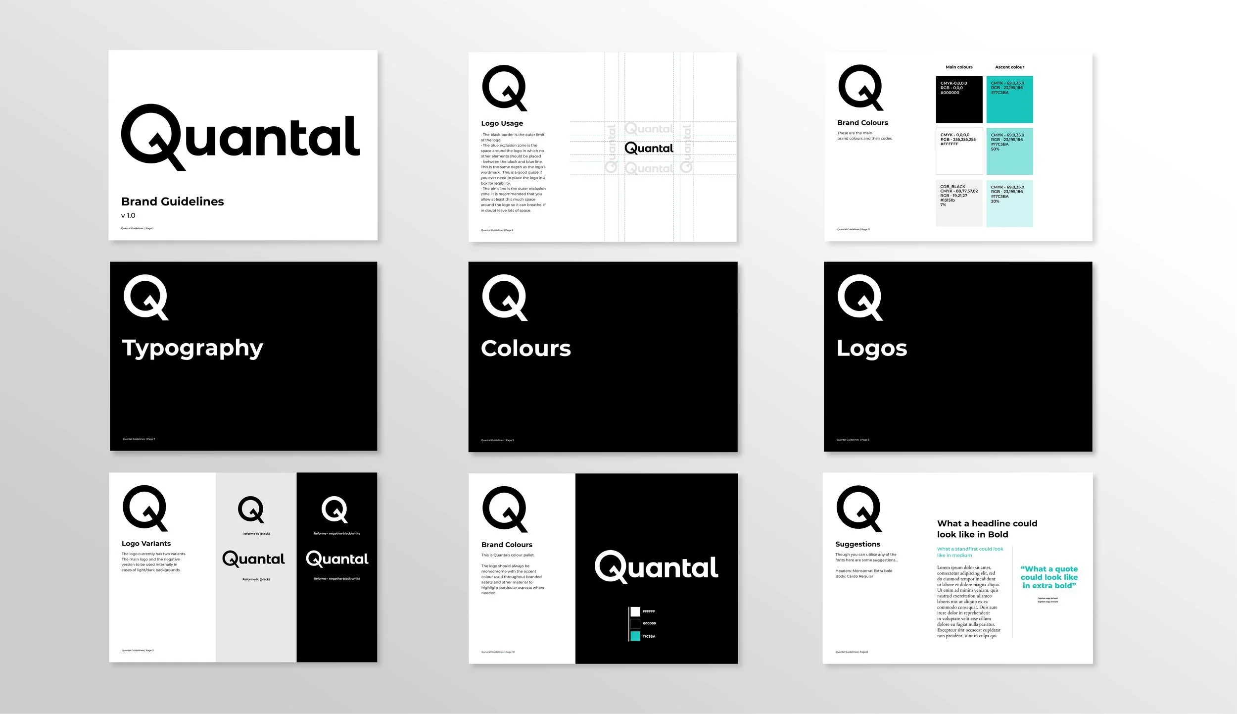 Original Quantal brand guidelines covering typography, colours, logo geometry and use
