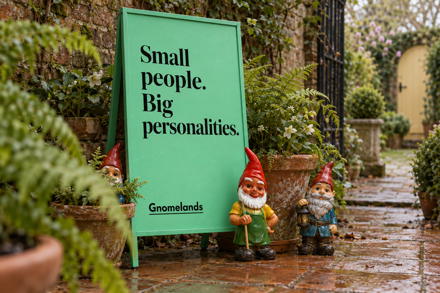 Gnomelands garden signage concept with mint-green typography, ceramic gnome characters and lush planting in a walled garden