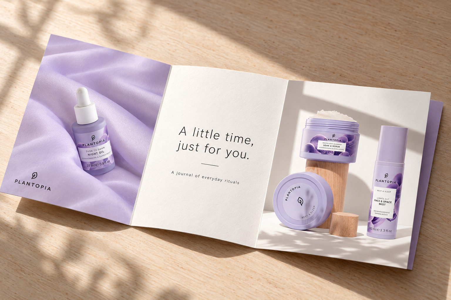 Plantopia editorial foldout concept printed on textured paper, combining original lavender product imagery with the line A little time, just for you