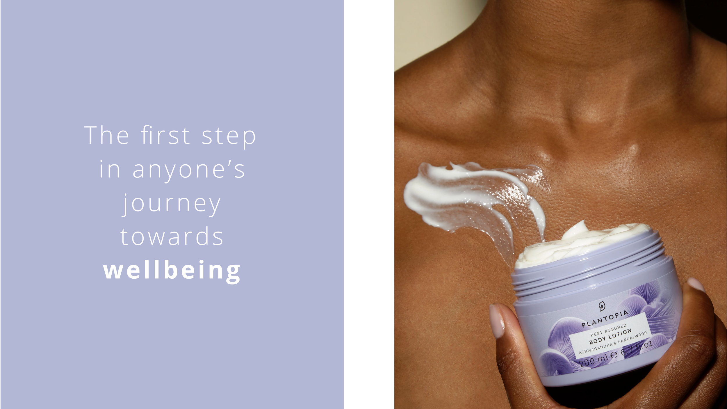 Original Plantopia campaign composition pairing lavender typography with a close-up of Rest Assured body lotion applied to skin
