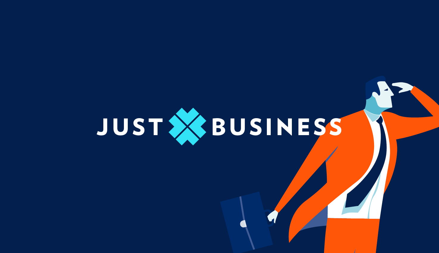 Original Just Business founder character and wordmark on navy