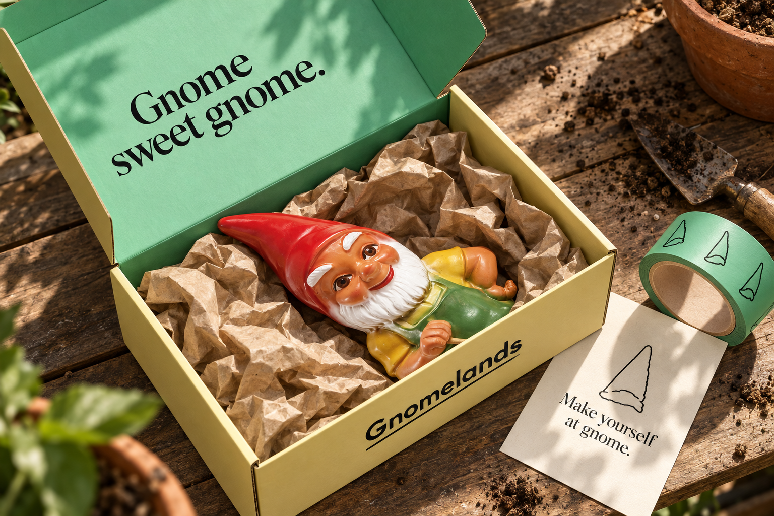 Gnomelands packaging concept with a ceramic gnome nestled in protective paper, a mint-green box interior and a printed arrival card