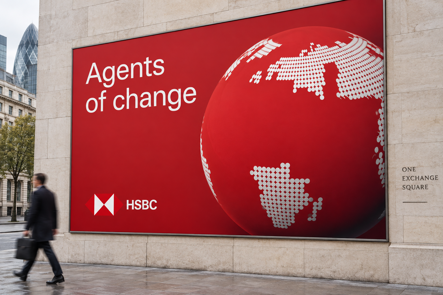 HSBC Agents of change street-poster concept using Phable’s original red globe and white dotted continents on a limestone wall