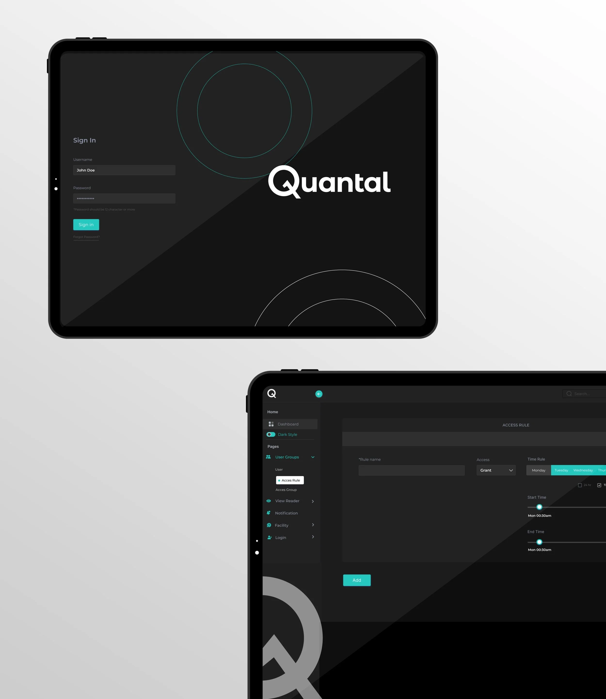Original Quantal software login and dashboard on tablet devices