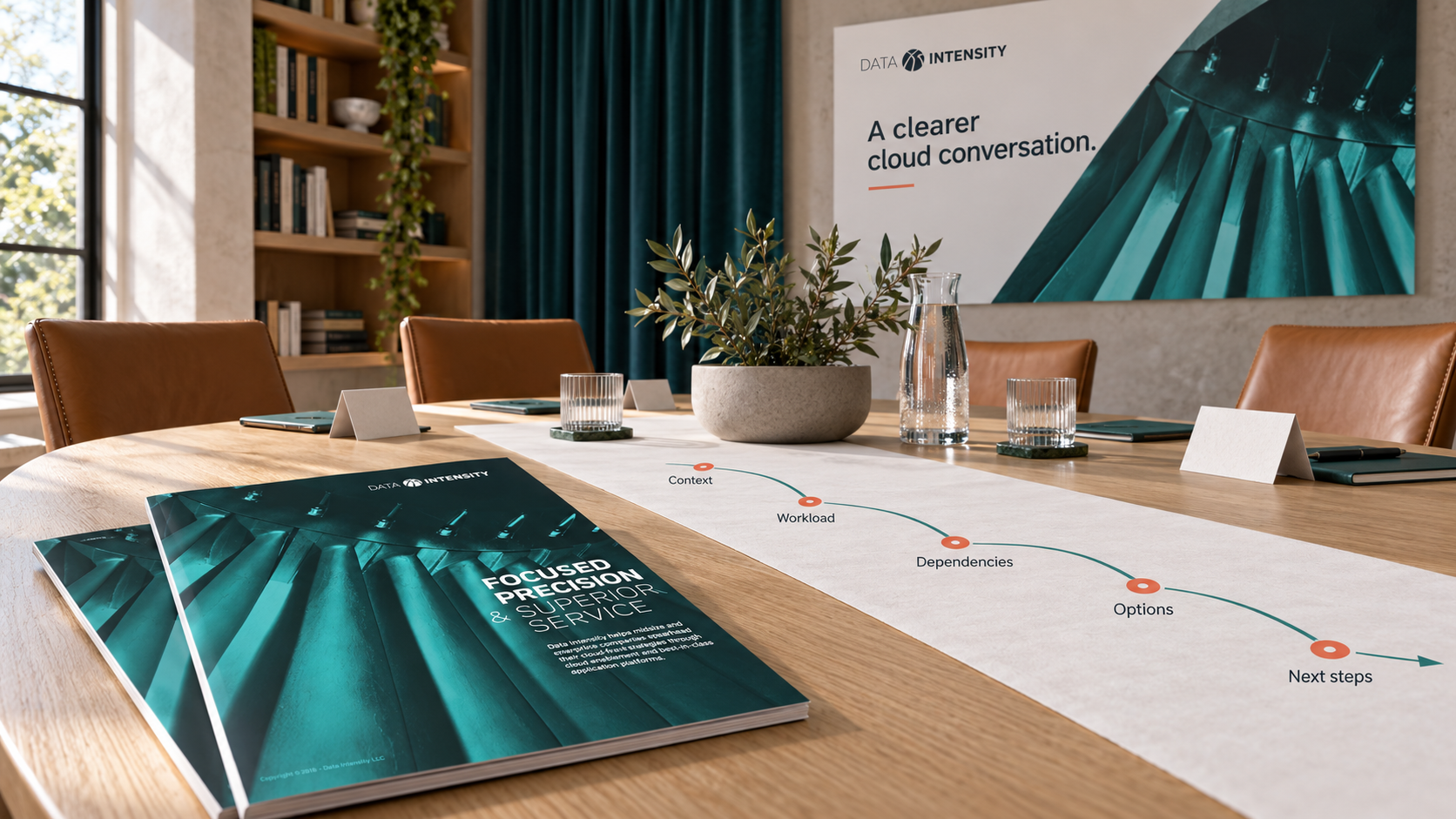 Data Intensity roundtable environment concept with original publications, an illustrated paper table runner and a teal architectural wall graphic