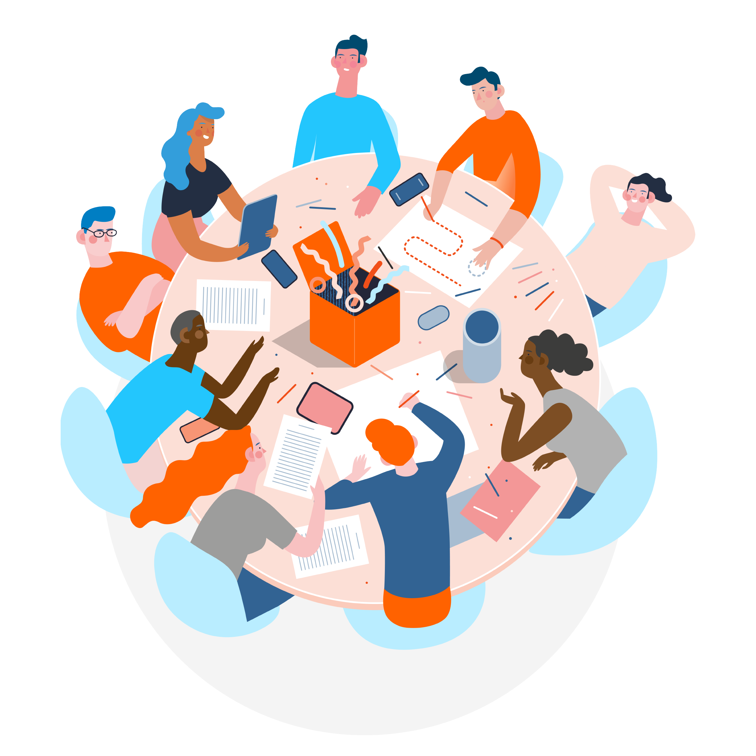 Original Verifa illustration of a diverse team collaborating around a table with an orange toolbox
