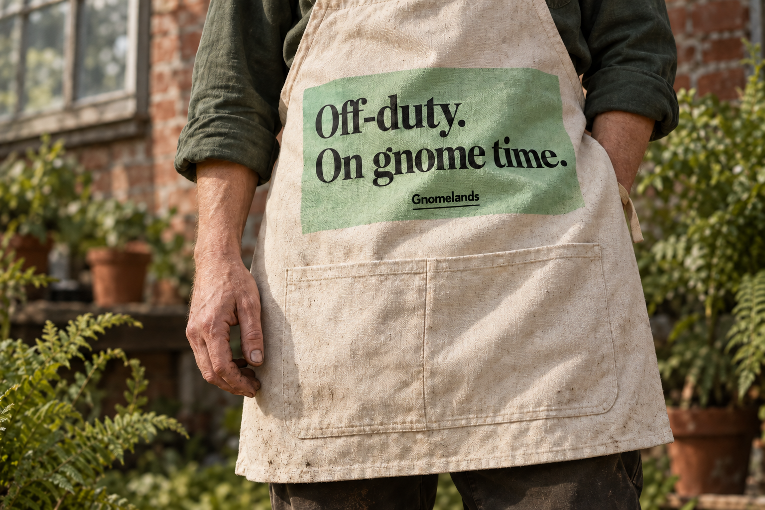 Gnomelands gardening apron concept with black serif campaign lettering screen-printed on natural canvas