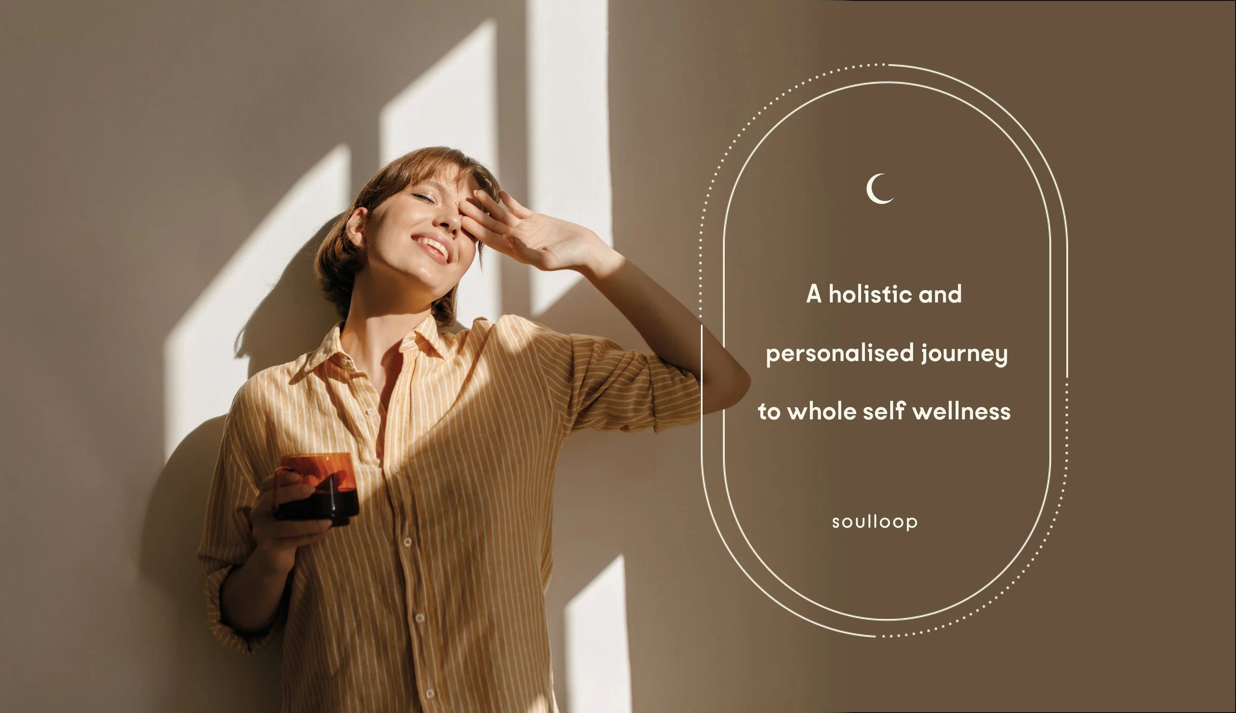 Original Soulloop photographic campaign with warm sunlight, a fine capsule frame and wellbeing message