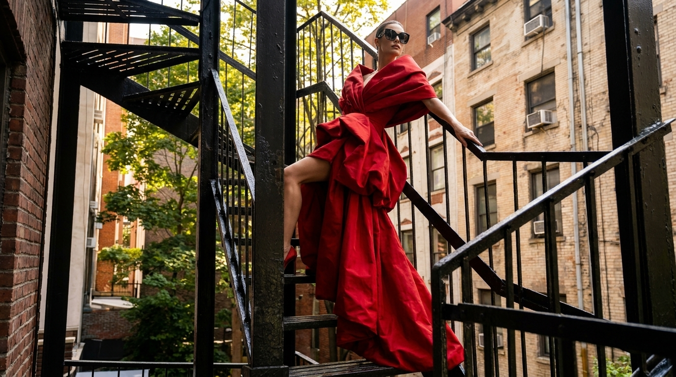 Model in red gown on the fire escape staircase