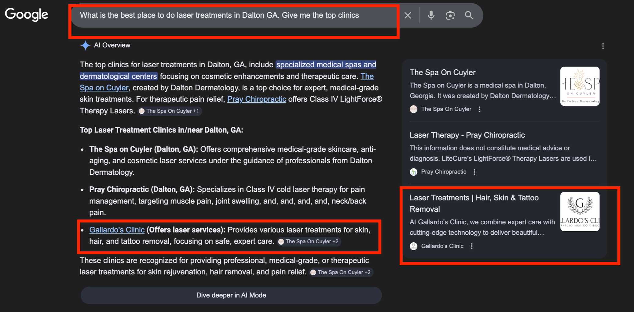 Google AI summary featuring Gallardo's Clinic