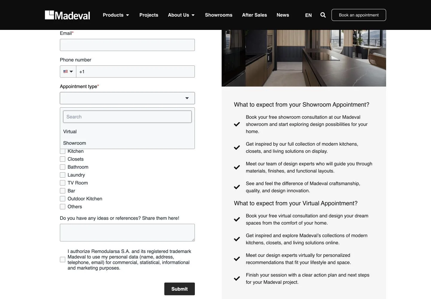 Madeval appointment form showing virtual and showroom meeting options