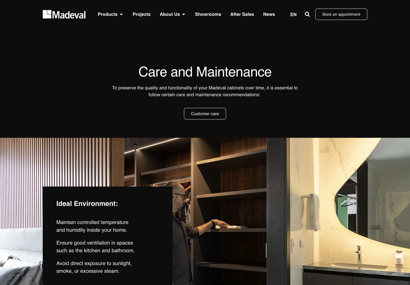 Madeval after-sales page with maintenance guidance and customer support options