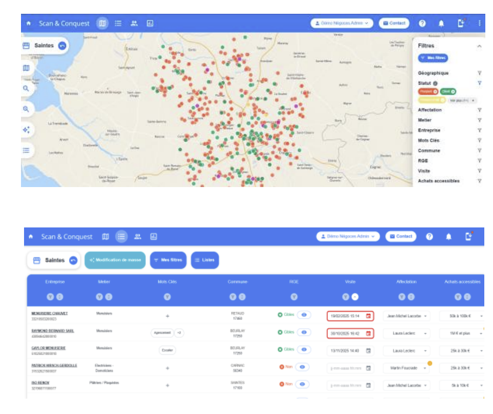 Carte Scan & Conquest avec identification des prospects professionnels du bâtiment