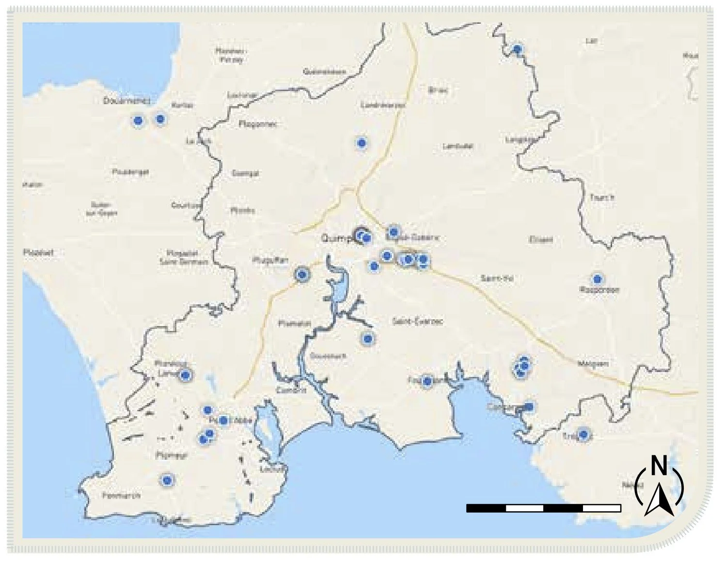 Carte des négoces et pôles de distribution autour de Quimper