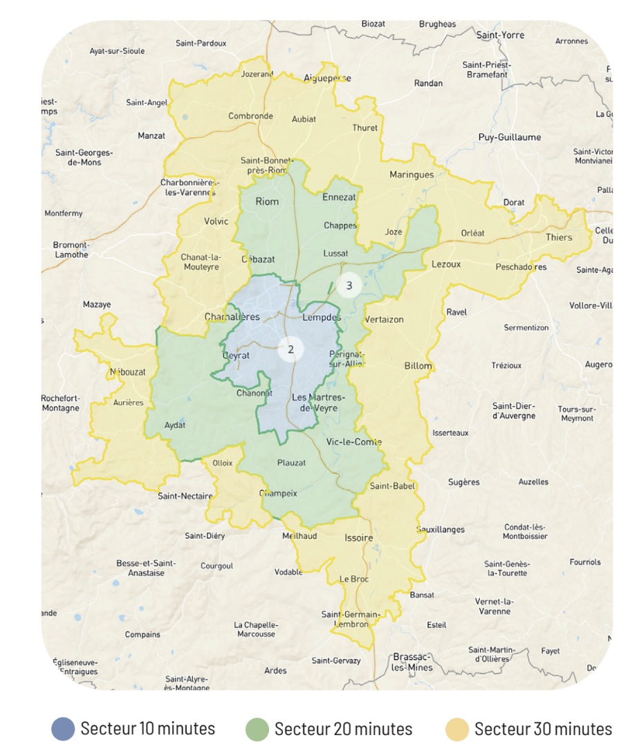 Isochrones de 10, 20 et 30 minutes autour de Clermont-Ferrand