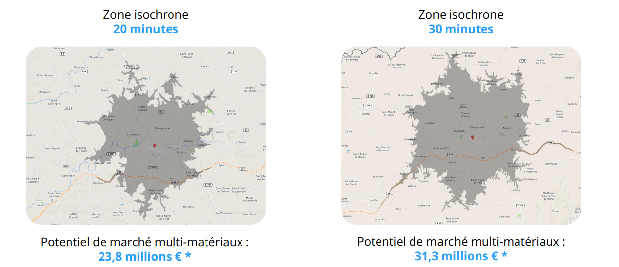 Zones isochrones 20 et 30 minutes autour d’un projet d’implantation à Périgueux