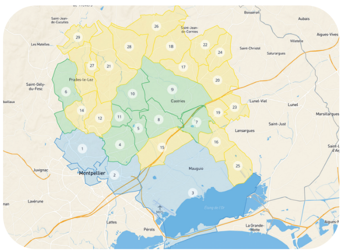 Carte et classement des dix communes au potentiel de marché le plus élevé depuis une implantation à Vendargues