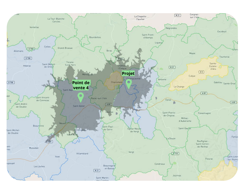 Carte du risque de cannibalisation entre deux points de vente