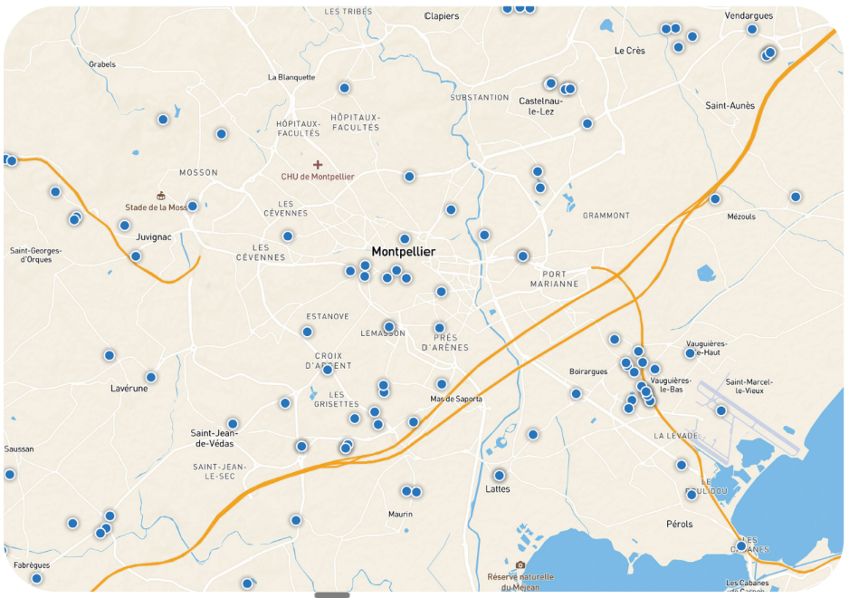 Carte de localisation des poseurs-installateurs de menuiserie, fermeture et protection solaire autour de Montpellier