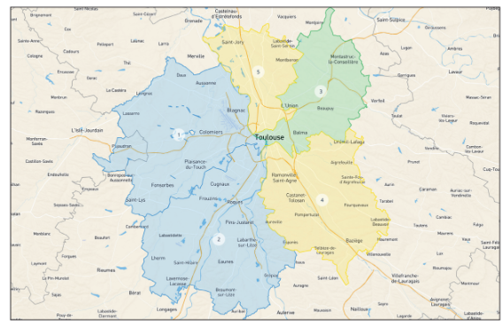 Carte du scénario de maillage de l’agglomération de Toulouse en cinq secteurs