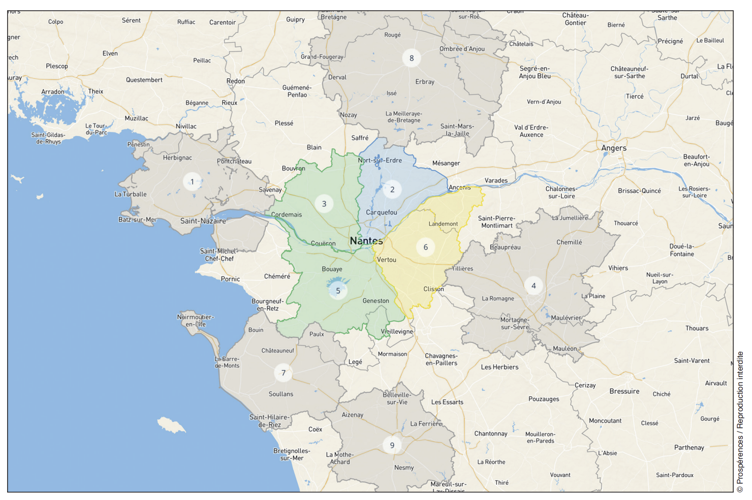 Carte du scénario de maillage de l’agglomération de Nantes en quatre secteurs