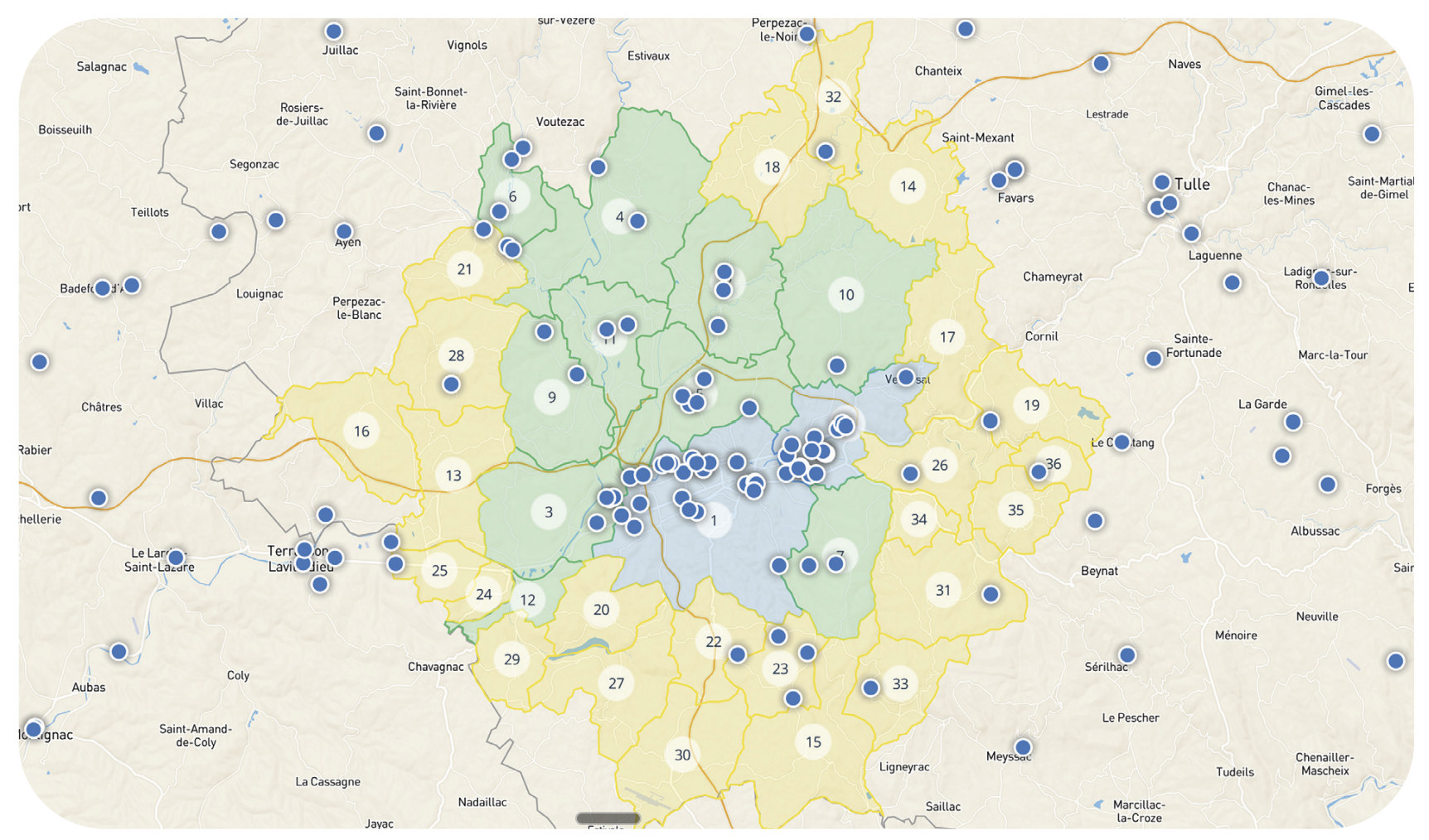 Carte des zones de chalandise et des menuisiers présents sur un territoire français