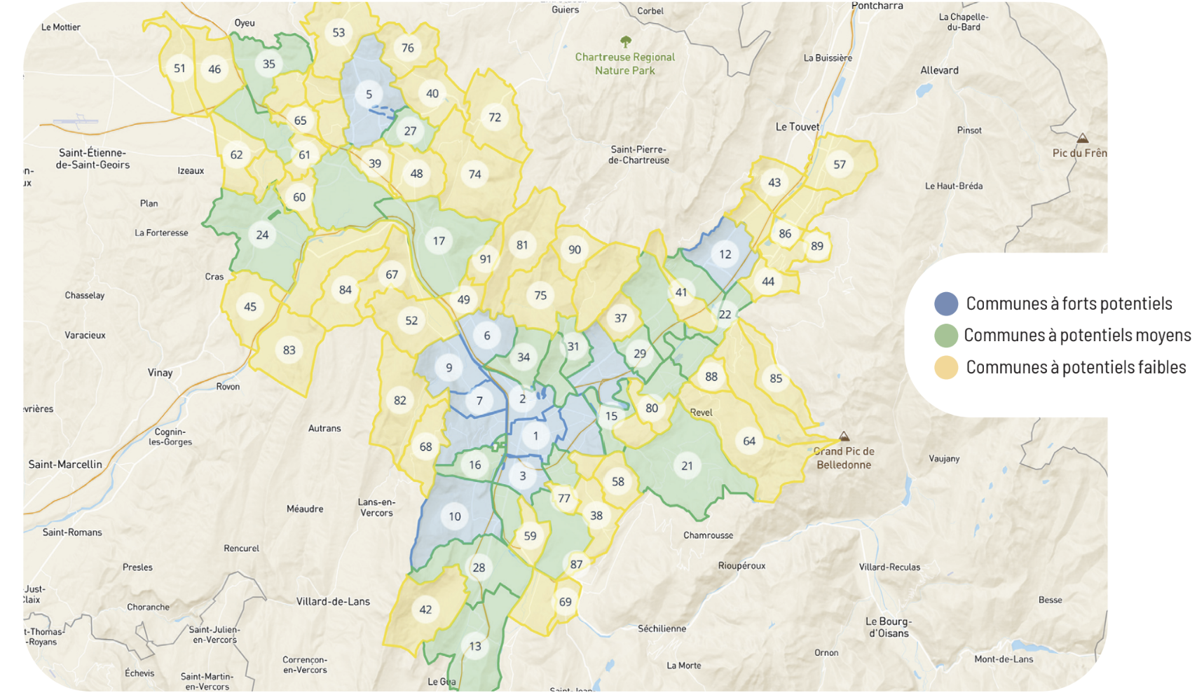 Carte du potentiel de marché des communes autour de Grenoble, entre Voiron, Vif et Crolles