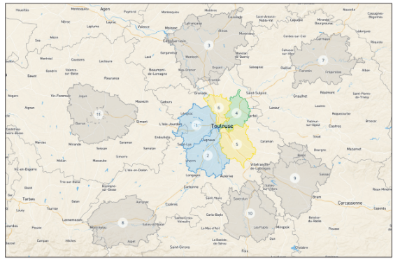Carte du maillage global de la région toulousaine et des principales agglomérations alentour
