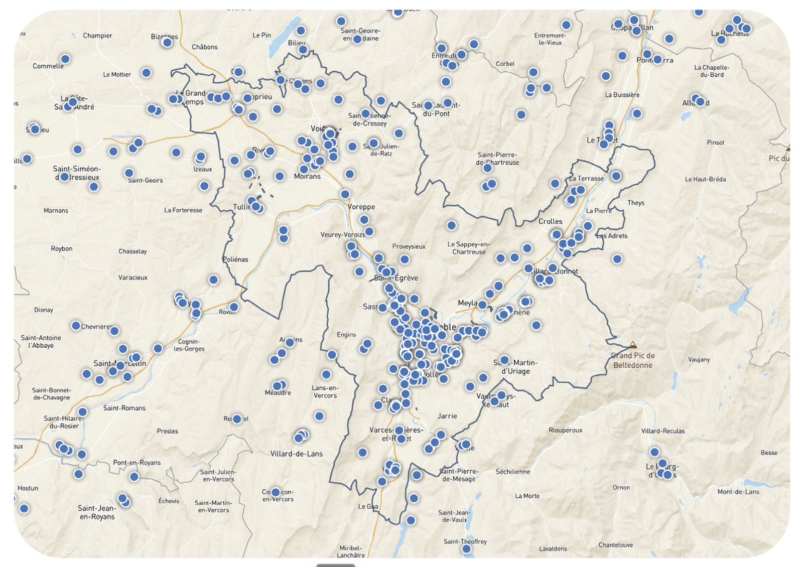 Carte de répartition des menuisiers autour de Grenoble