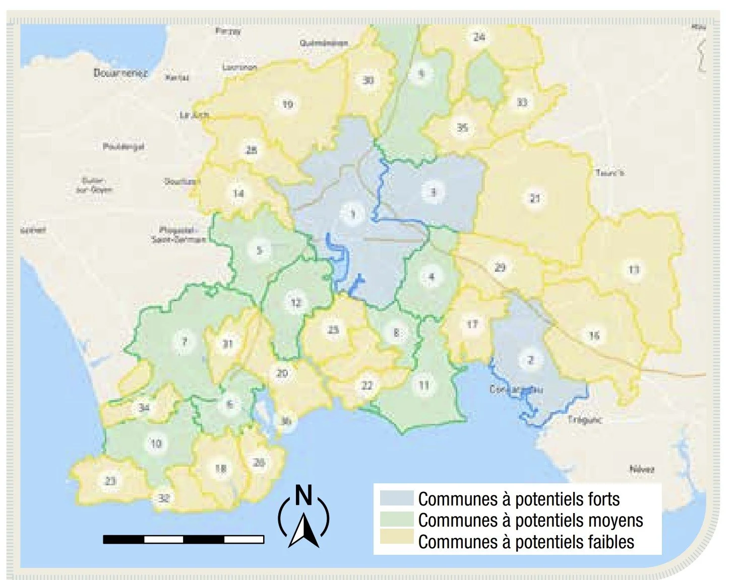 Carte des communes et des potentiels de marché autour de Quimper