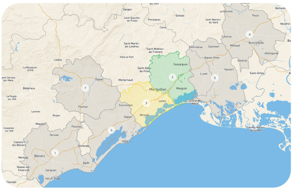 Carte du maillage territorial entre Béziers, Montpellier et Nîmes avec potentiel de marché des principales implantations