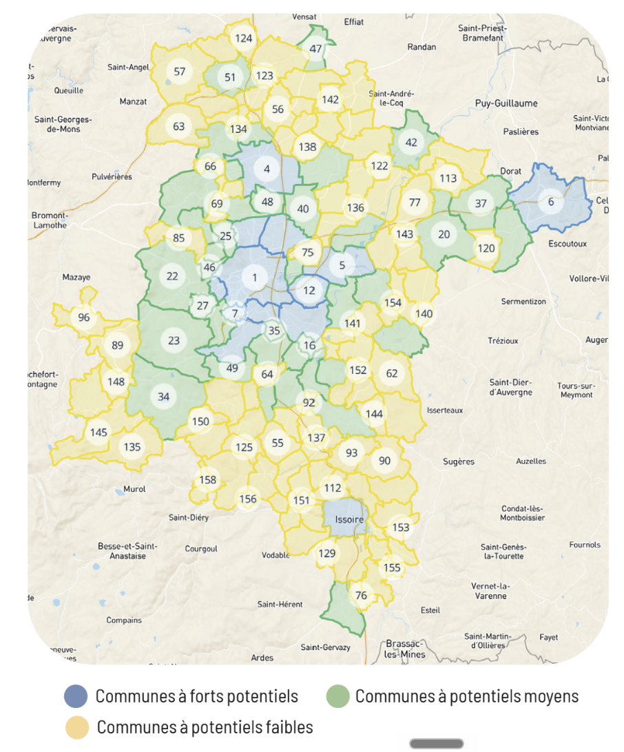 Carte des communes à fort potentiel autour de Clermont-Ferrand