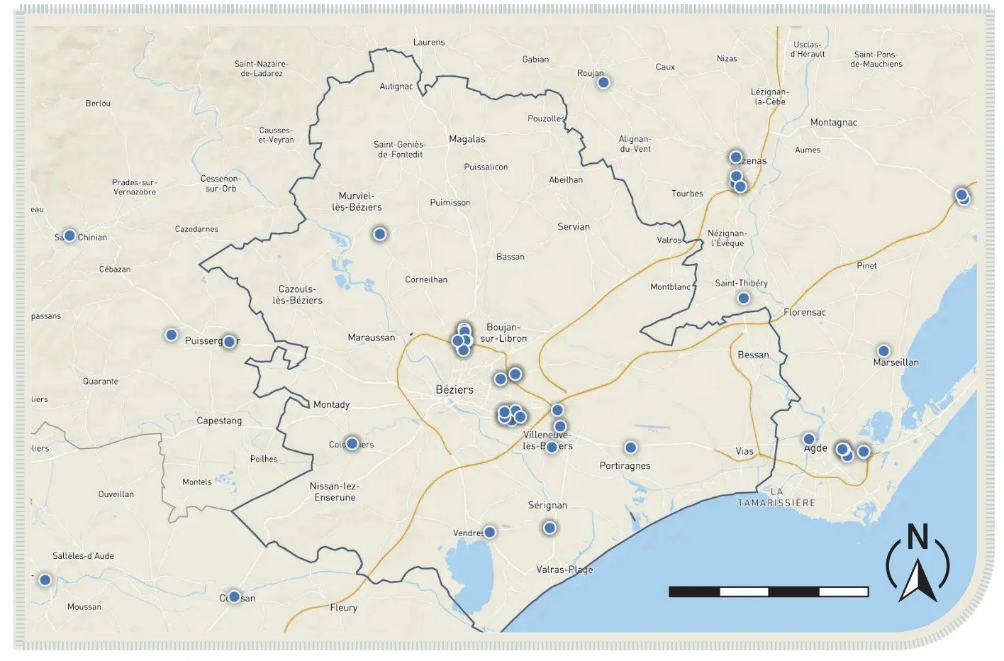 Carte des principaux négoces généralistes et spécialistes à Béziers