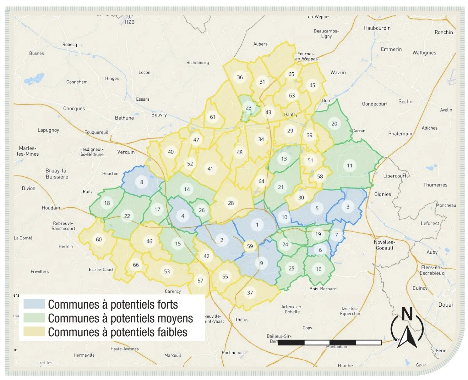 Carte des potentiels des communes autour de Lens
