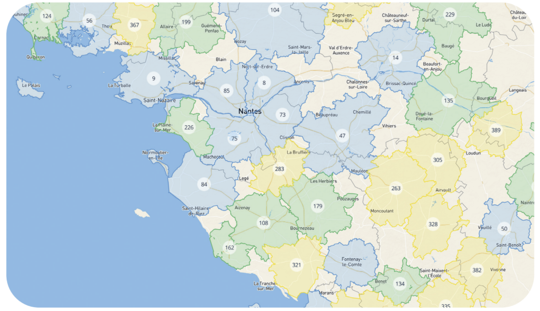 Carte des zones de chalandise dessinées autour des pôles urbains français