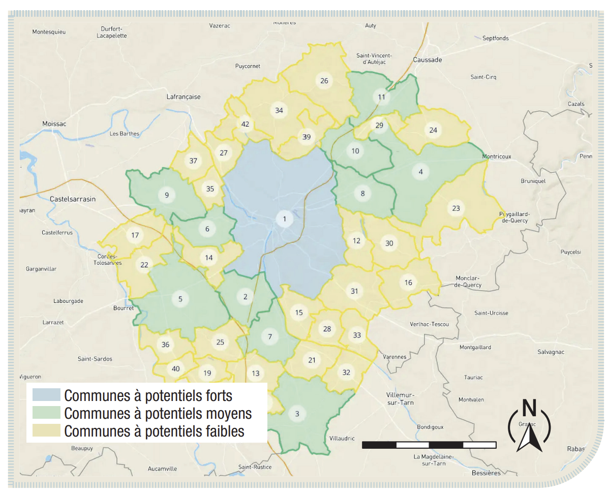 Carte du potentiel des communes du secteur de Montauban