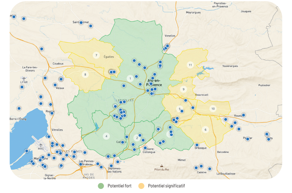 Carte de localisation des menuisiers autour d’Aix-en-Provence et répartition du potentiel territorial