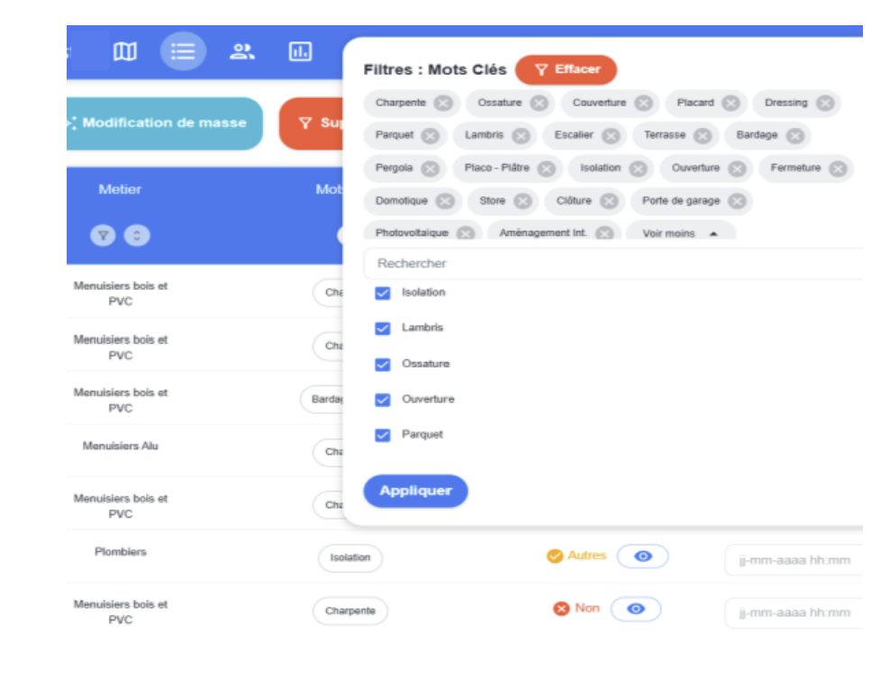 Interface Scan & Conquest avec filtres d’intelligence artificielle pour qualifier les entreprises du bâtiment
