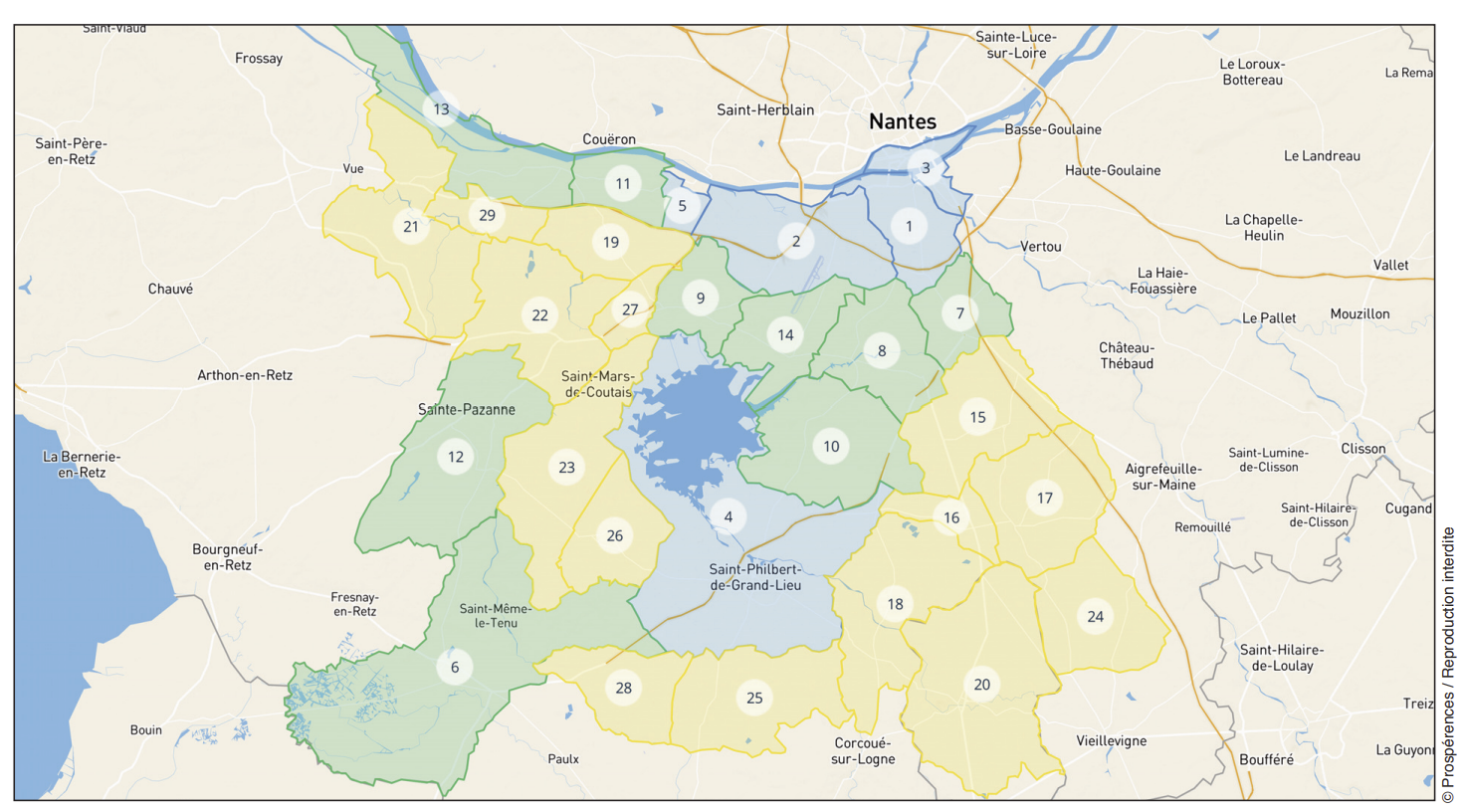 Carte de répartition des communes associées au secteur de Rezé selon leur potentiel de marché