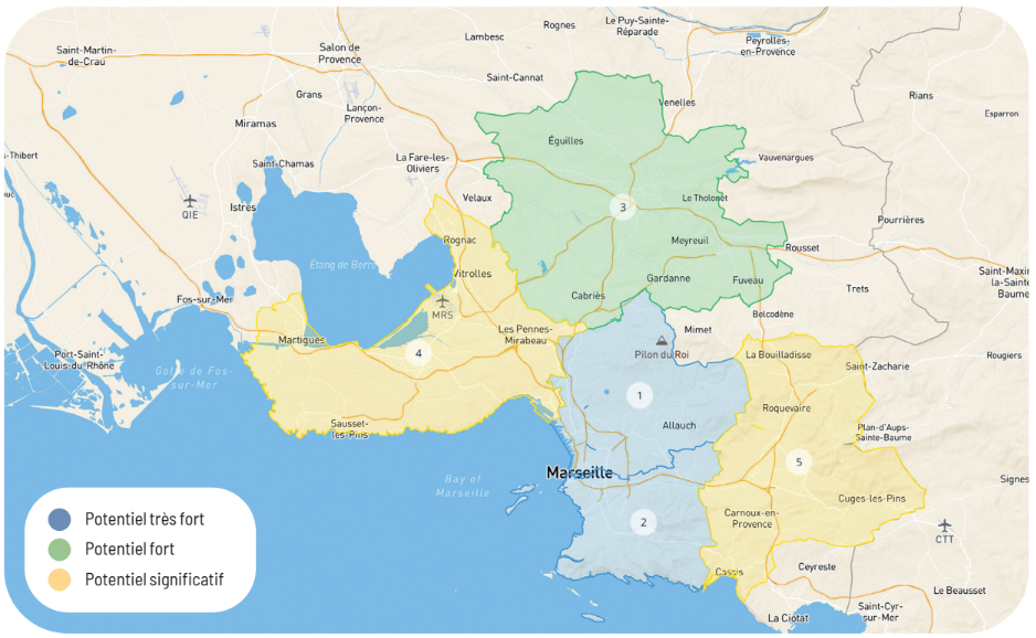 Carte du scénario de maillage de Marseille, Aix-en-Provence, Marignane et Aubagne en cinq secteurs