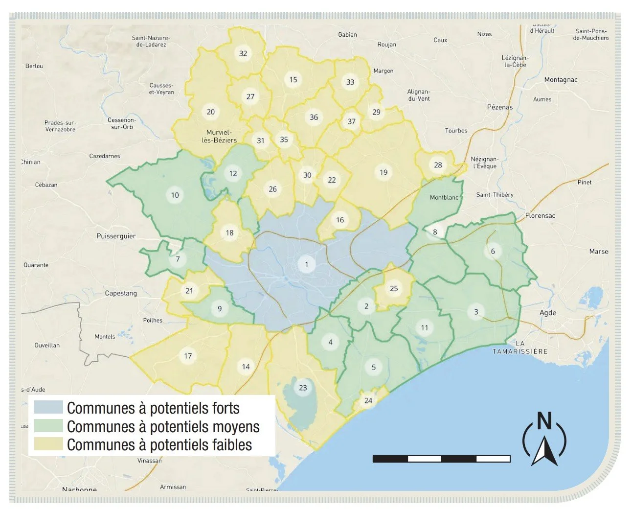 Carte des communes et de leur potentiel de marché autour de Béziers