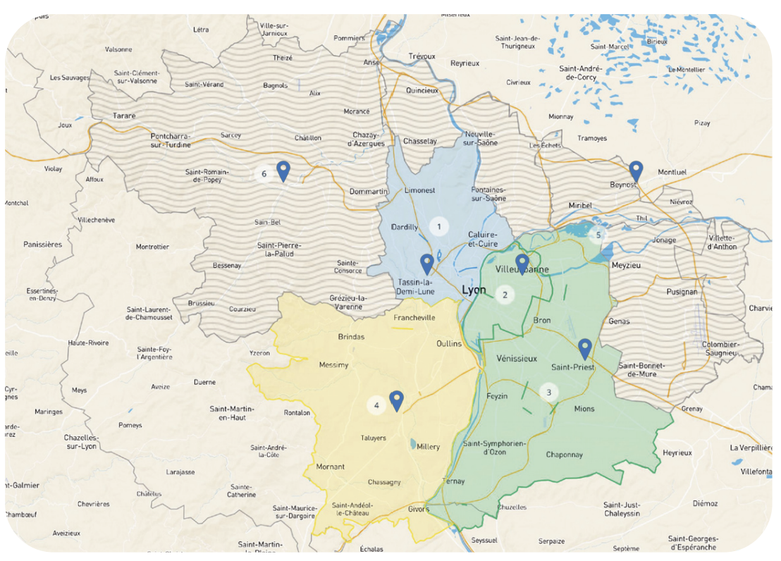 Carte du scénario de maillage de l’agglomération lyonnaise en quatre secteurs