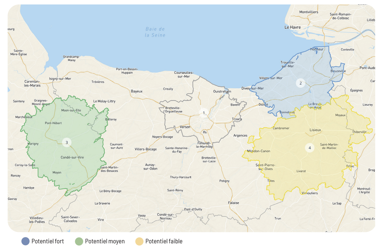 Carte des pôles de marché de Trouville-sur-Mer, Lisieux et Saint-Lô autour de Caen