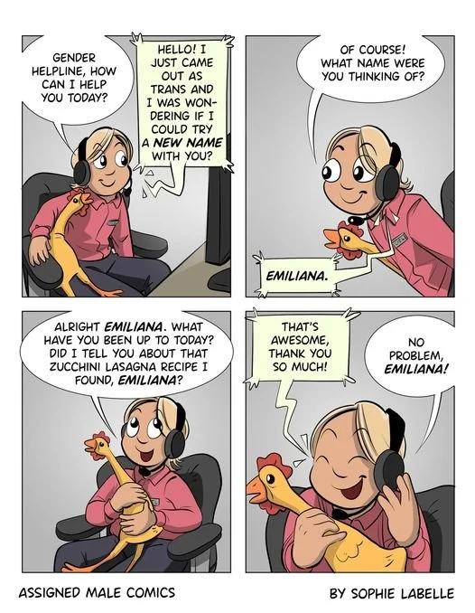 A comic from Sophie Labelle showing a person answering a call for the Gender Helpline, and the caller saying they came out as trans and was wondering if they could try out a new name, Emiliana, with them. The person happily obliges. 