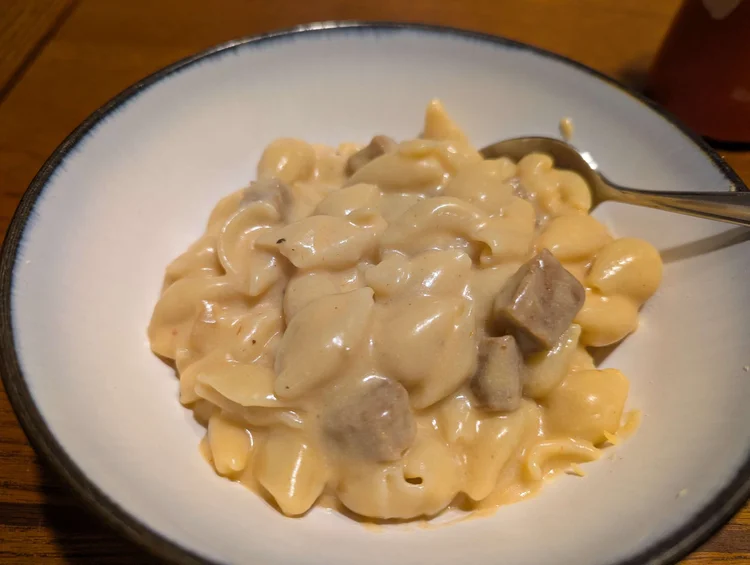 A large blue-rimmed bowl of pasta shells with a pale yellow, creamy sauce and square chunks of seitan stirred in. A spoon is tucked in the back of the bowl, ready to scoop a bite.