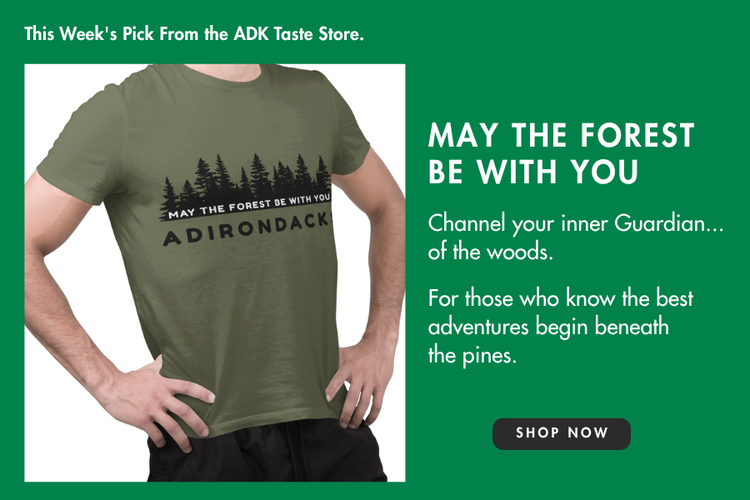 Image of an army green T-shirt with the phrase May the Forest Be With You for sale in the adktaste store.