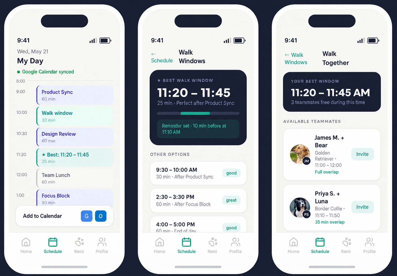 Website app views: calendar, walk windows, and walk-together invitations