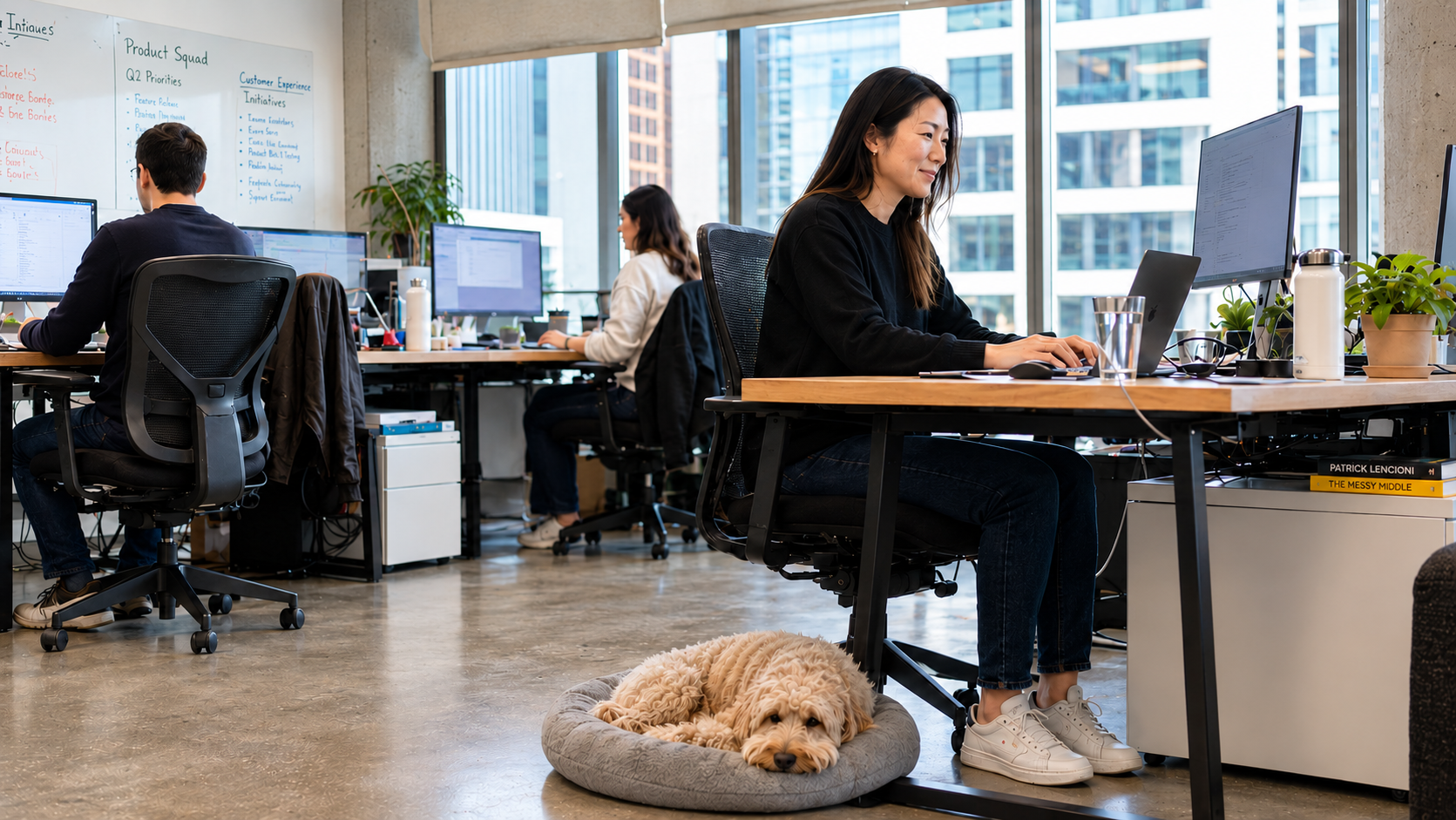 BarkBlock workplace scene with an employee at her desk and a dog resting beside her