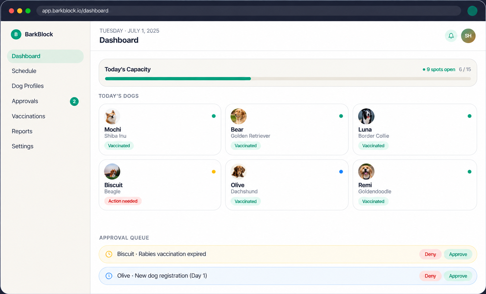 Employer dashboard captured from barkblock.io, with dog profiles, office capacity, and approval queue